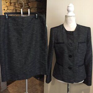 Evan Picone Skirt Suit, Size 10, Black Woven Classic Retro Collarless Career 2pc